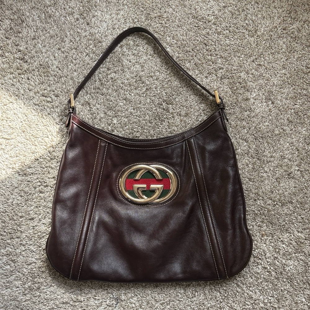 Authentic Gucci Medium Britt Hobo Dark Brown Leather Shoulder Bag with Logo